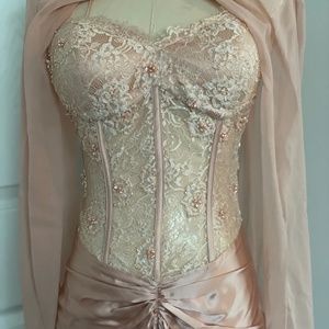Early 2000's Dolce Jovani Lace and Beaded Corset Top Silk Gown Formal Dress Pink